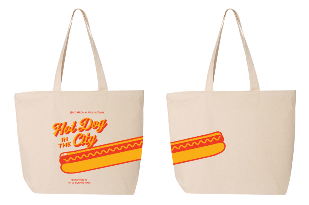 Hot Dog in the City tote bag with the hot dog strcetching across both sides