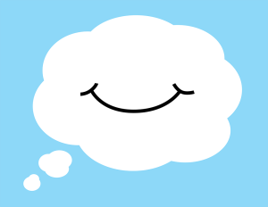 A white cloud with a smile against a blue background