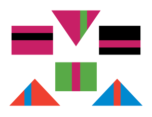 Geometric shapes against a white background; clockwise from top left, they are a magenta rectangle with a black stripe; an upside down magenta triangle with a green stripe; a black rectangle with a magenta stripe; a blue triangle with an orange stripe; a green rectangle with a magenta stripe; and an orange triangle with a blue stripe
