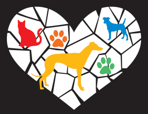 A large heart with shatter lines, covered by images of a cat, dogs, and paws in rainbow colors