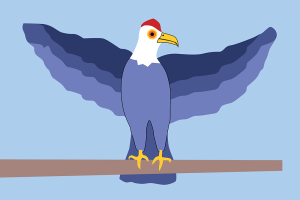 Vector illustration of a blue eagle with its wings raised, perched on a pole against a light blue background