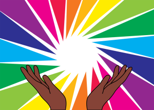The points of rainbow-colored triangles converge, creating the image of a white star-like shape that two brown hands reach towards