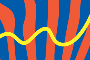 Thick, vertical, curving stripes of blue and orange, with a wavy horizontal line in yellow cutting across them
