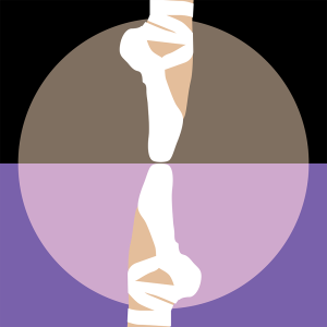 An illustrated foot in a white ballet slipper, mirrored on the top and the bottom of the image