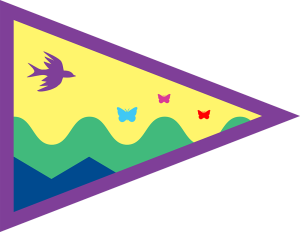 A triangular flag outlined in purple, with a purple bird and blue, pink, and red butterflies against a yellow background, above wavy green and jagged blue